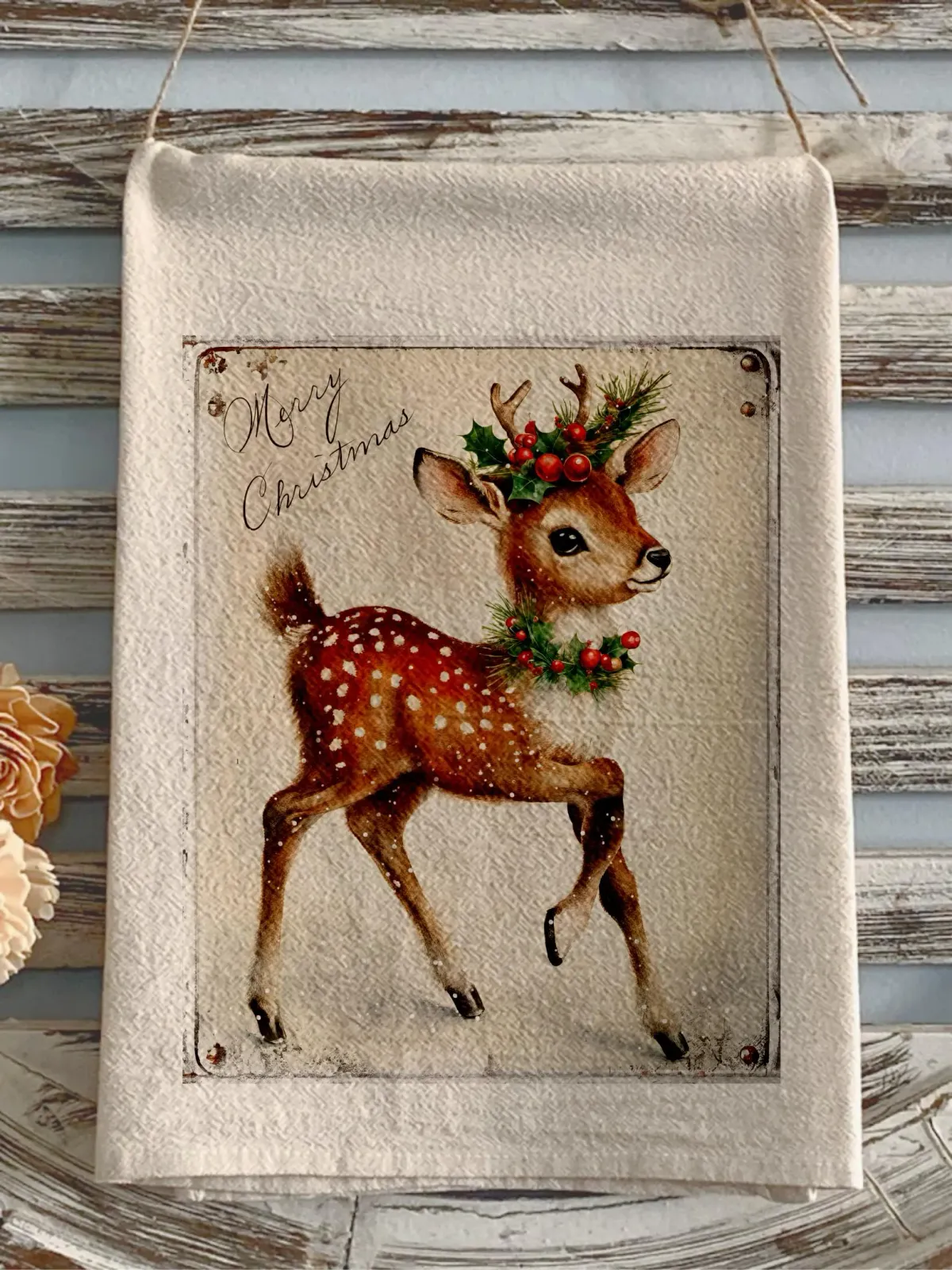 Christmas flour sack towel Christmas deer primitive