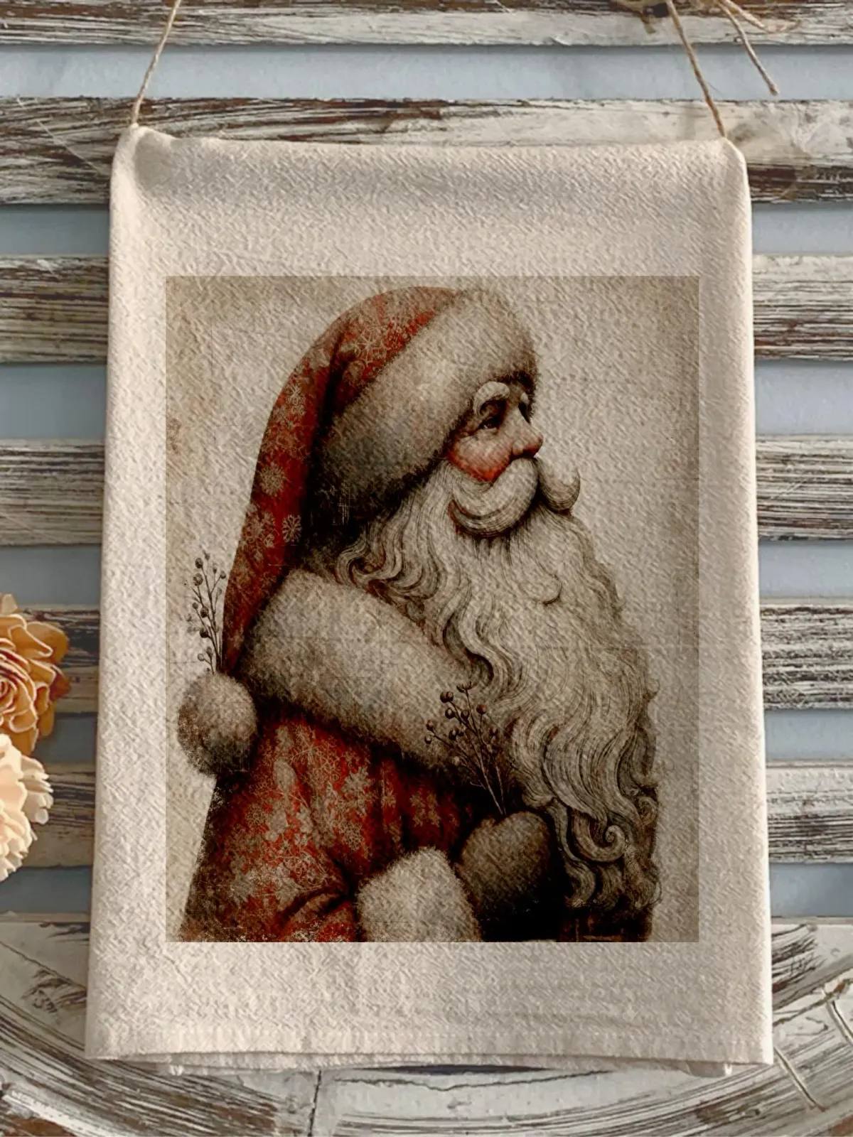 Christmas flour sack towel Vintage Santa Profile